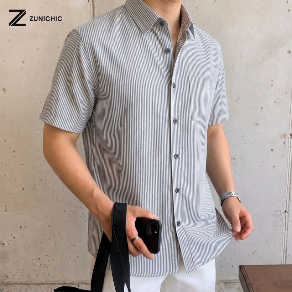 สบาย Oxford Easy-to-Coat สีดําลายเสื้อแขนสั้นคุณภาพสูง Premium หลวม Format ผู้ชายอินเทรนด์ Zunichic 