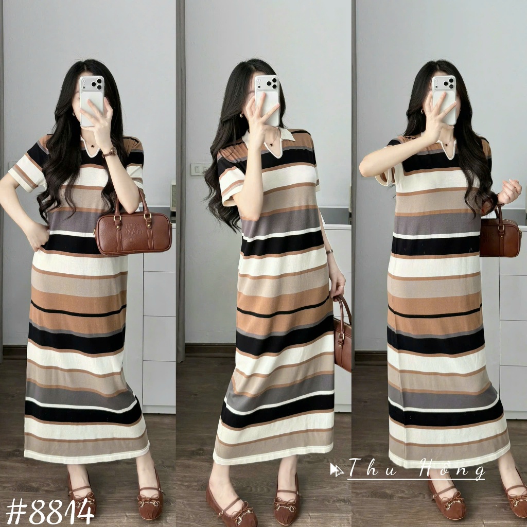 เดรสคอโปโล Mtg คอปกและแขนแถบสีส้ม 8814 สินค้า QC Th ฟรีไซส์