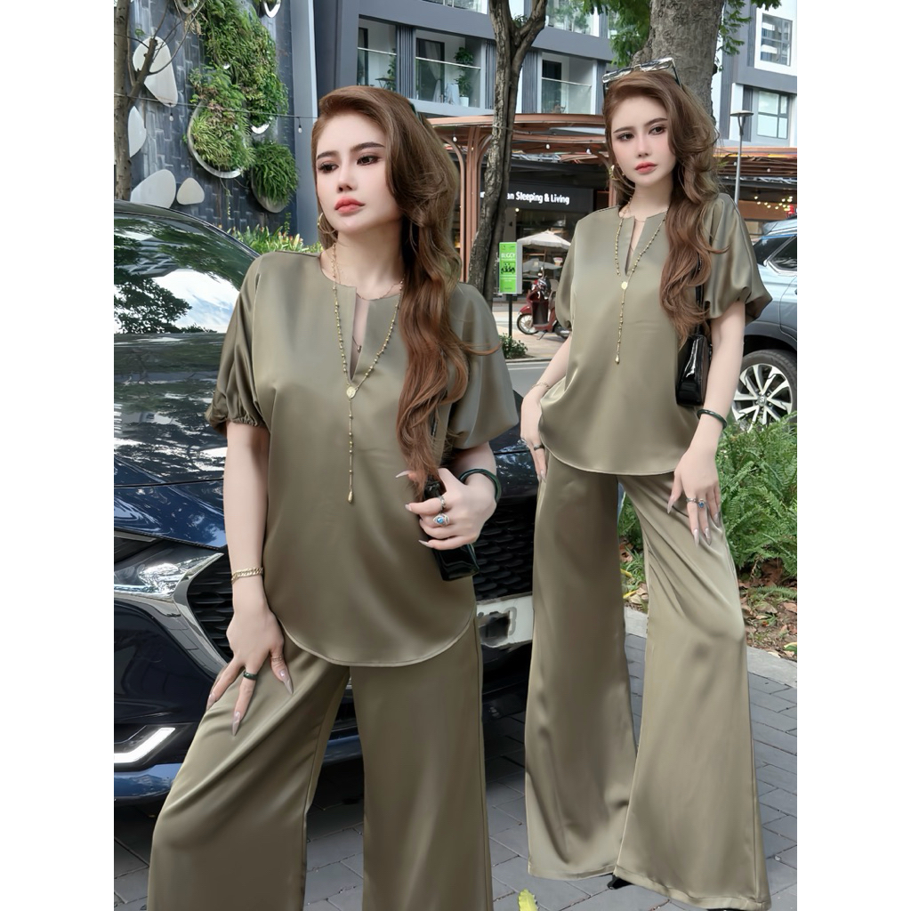 S9 - QUEEN SILK ชุดแขนค้างคาวคอวี - กางเกง FLARE