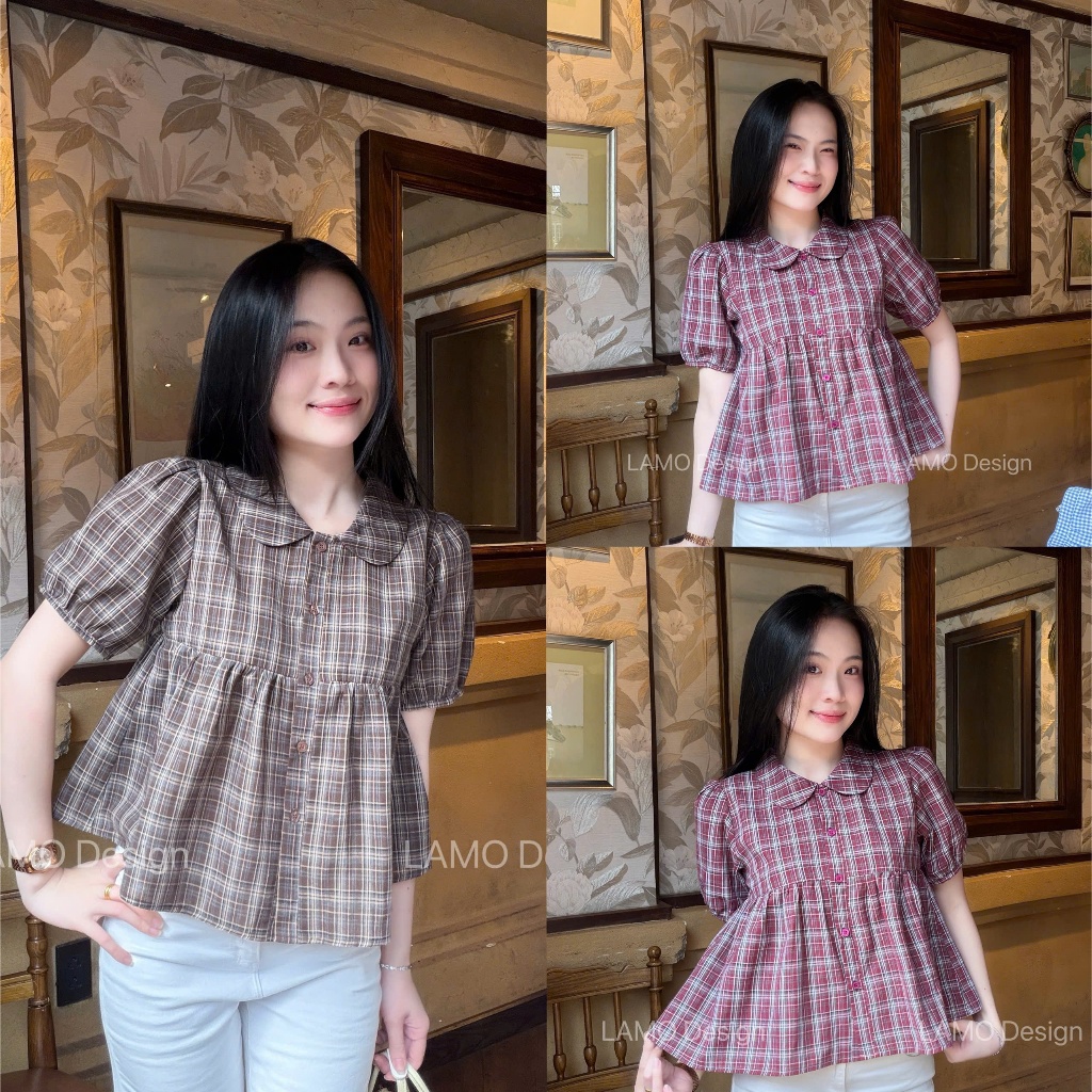 เสื้อเชิ้ต babydoll ผู้หญิง Hottrend ปกบัวลายหมากรุกอ่อนเยาว์ LAMO - B1612
