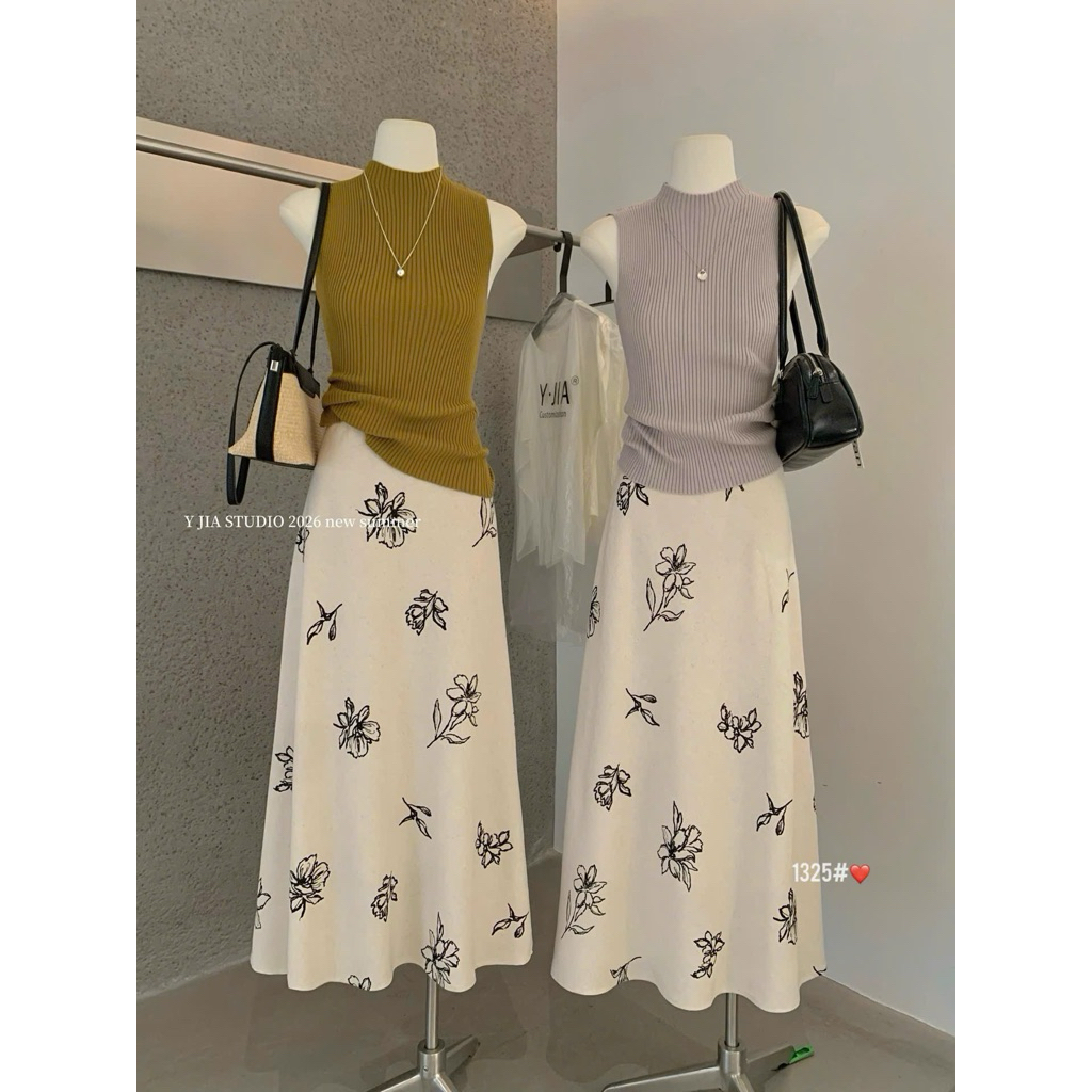 Y JIA Set mtg เสื้อสเวตเตอร์แขนกุดพร้อมกระโปรงลายดอกไม้ยาว 1325 Y JIA QC ขนาดผลิตภัณฑ์ SM