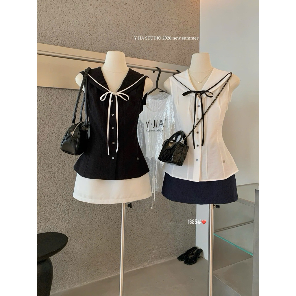 Y JIA ชุดเสื้อเชิ้ตกะลาสีแขนกุดและกระโปรงสั้น 1685 Y JIA สินค้า QC ไซส์ SM