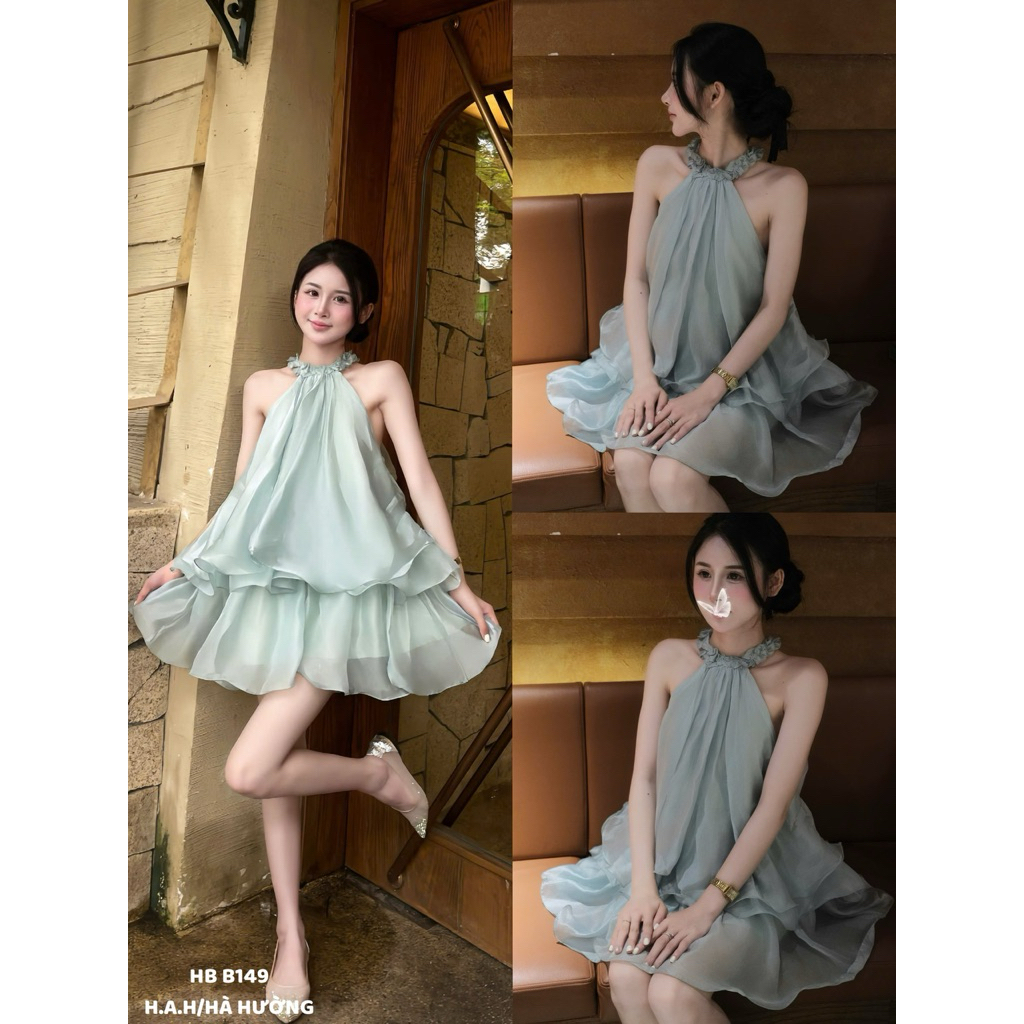 HBB149 ชุดเดรสผ้าไหมคล้องคอระบายสําหรับผู้หญิง ชุดชั้นในป้องกัน