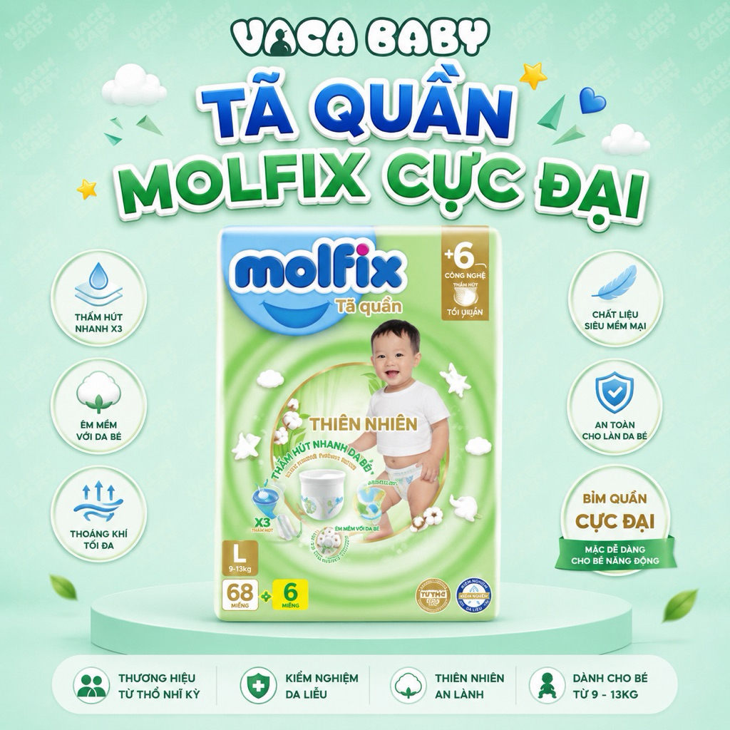 (LIVE) กางเกงผ้าอ้อม Molfix Ultra natural M76/L68/XL62/XXL56 + 6 PIECES
