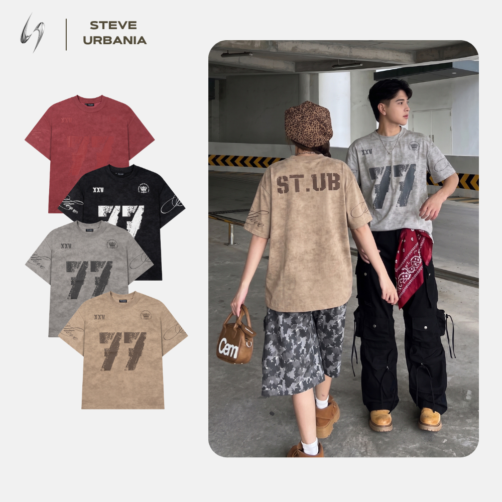 เสื้อยืดแบรนด์ท้องถิ่น STEVE URBANIA Boxy เสื้อยืดผ้าฝ้าย ผ้า Processed Wash เสื้อยืด unisex - AP01