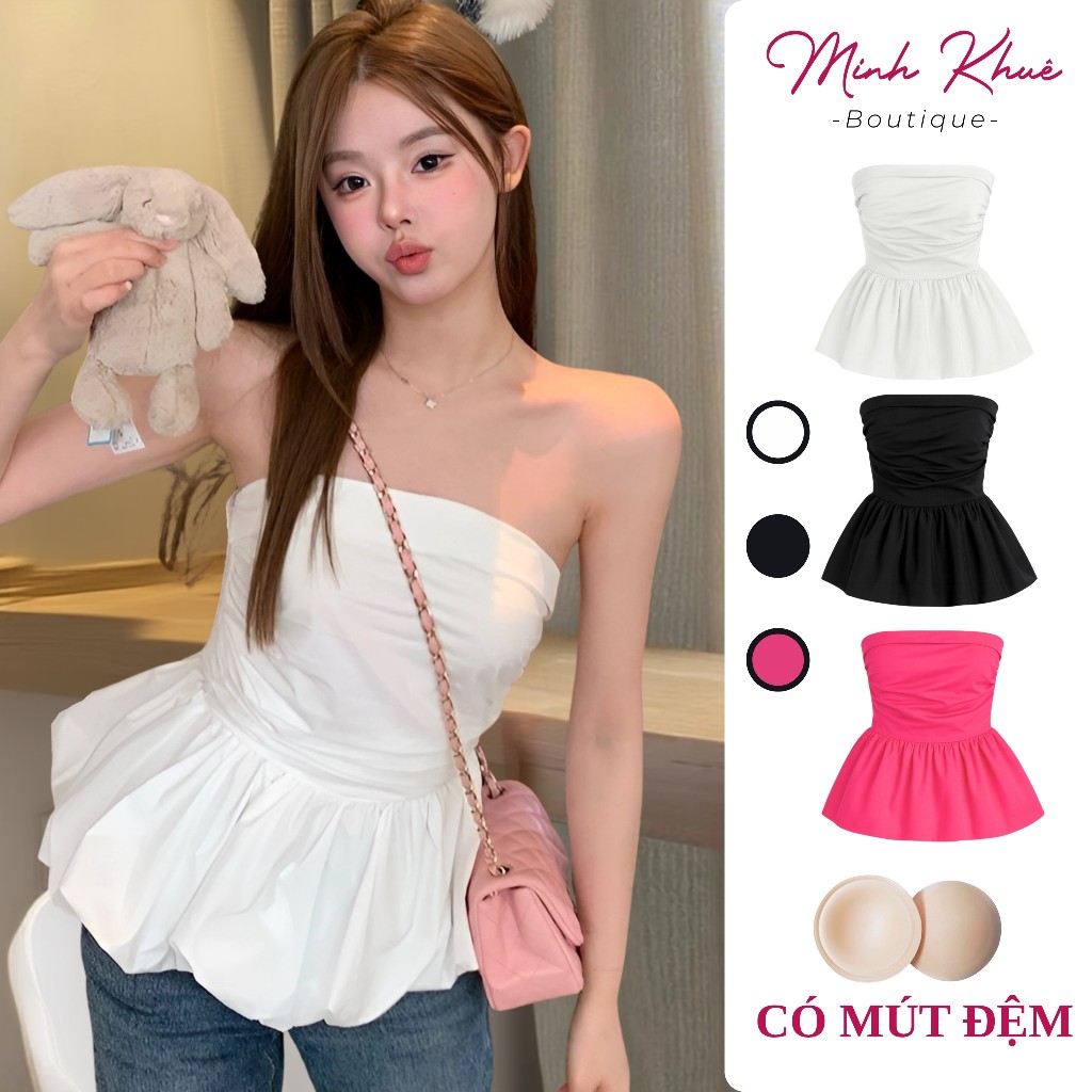 Kate Puffed Tube Top with Cushion Chest Strapless Cup Top with Beautiful Flared Shape BM42 Minh Kue 