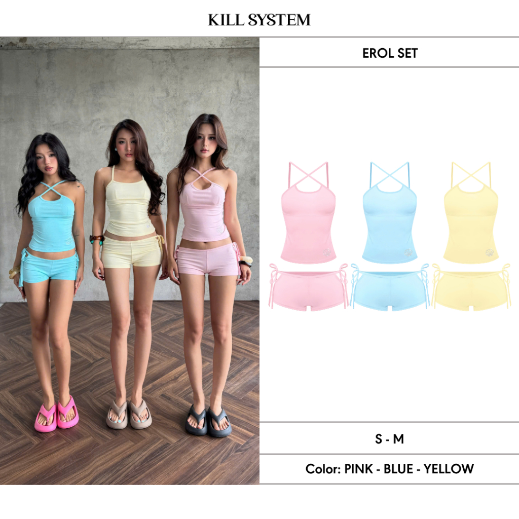 Set เสื้อสายไขว้แต่งพลอยเทียมพร้อมกางเกงขาสั้นผูกโบว์ทั้งสองด้าน EROL - KILL SYSTEM