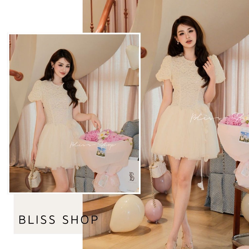 [การออกแบบระดับไฮเอนด์] Bliss Shop เดรสสั้นผู้หญิงหรูหราคอกลมและแขนพัฟ - V938