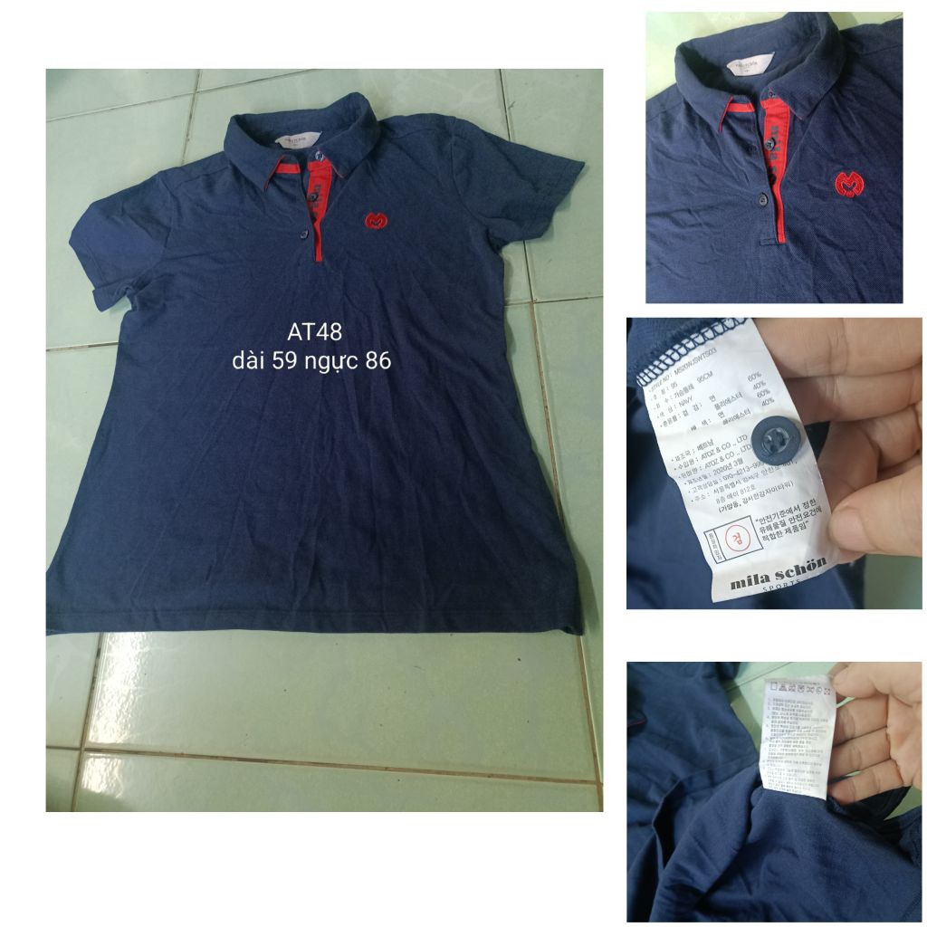 AT48 ของแท้ MILA SCHÖN SPORTS เสื้อโปโลผู้หญิง - เสื้อยืดคอปกสีกรมท่าปักโลโก้สีแดงที่หน้าอก