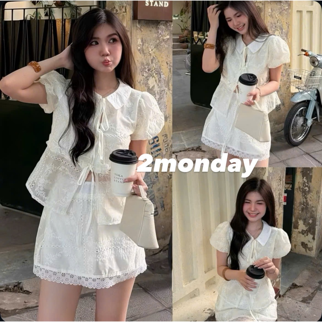 [TYPE 1/ AVAILABLE] LOTUS COLLAR BLOUSE SET WITH BOW TIE WITH A-LINE SKIRT 2MONDAY S76