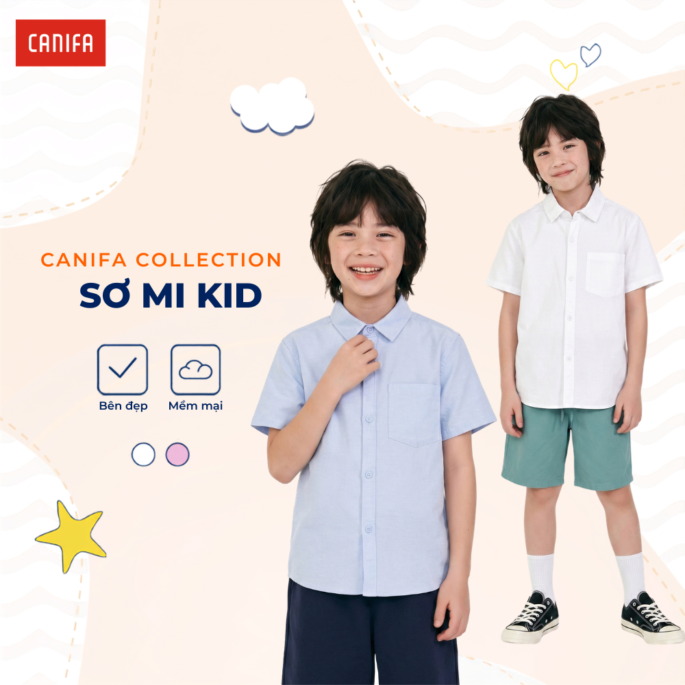 CANIFA เสื้อเชิ้ตเด็กชายคอปกและแขนมีกระเป๋าที่หน้าอกแบบนุ่ม 2TH26A001