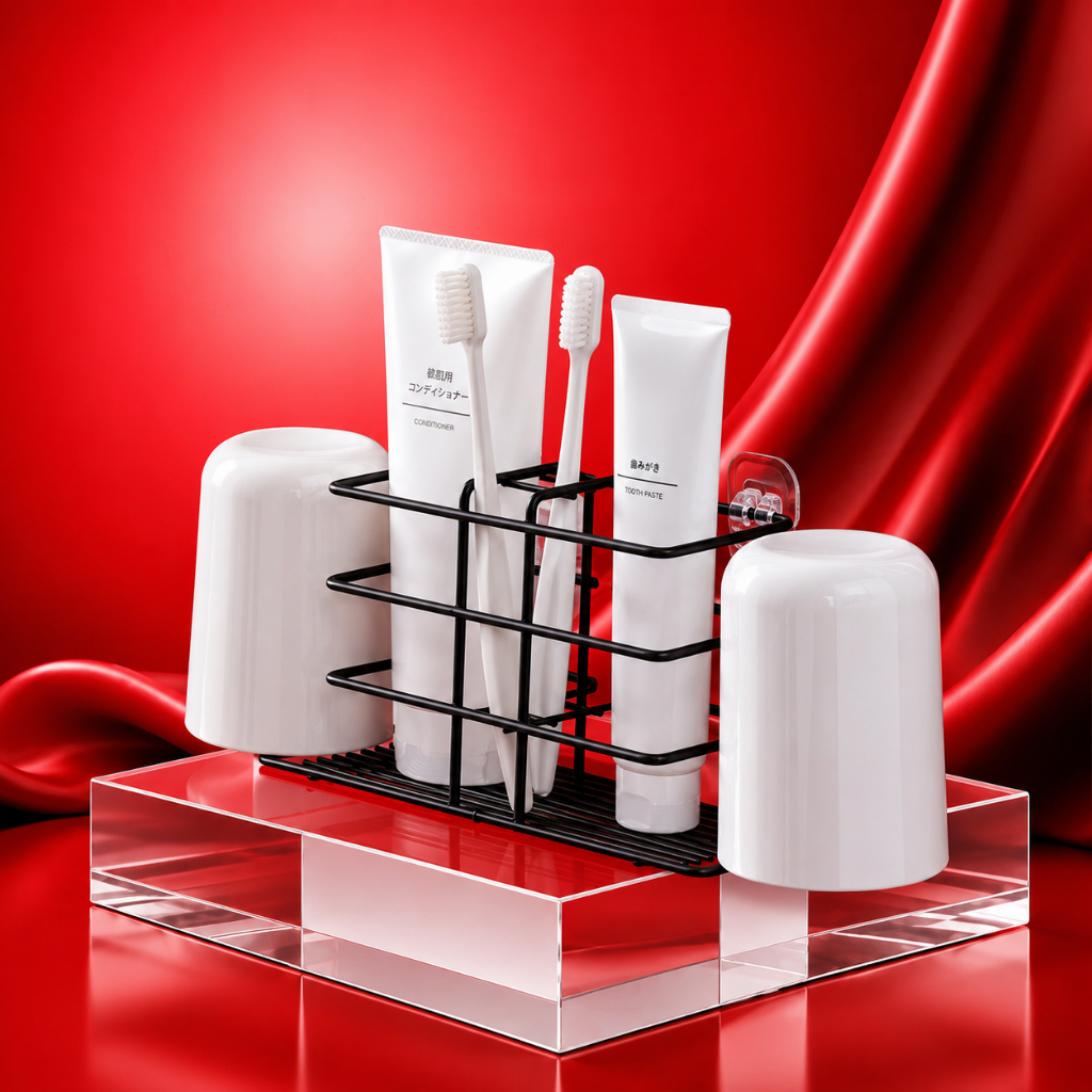 COMBO 5 ชิ้น BLACK BRUSH RACKS, TOOTHCARE พร้อมที่วางแก้ว (สติ๊กเกอร์ฟรี)