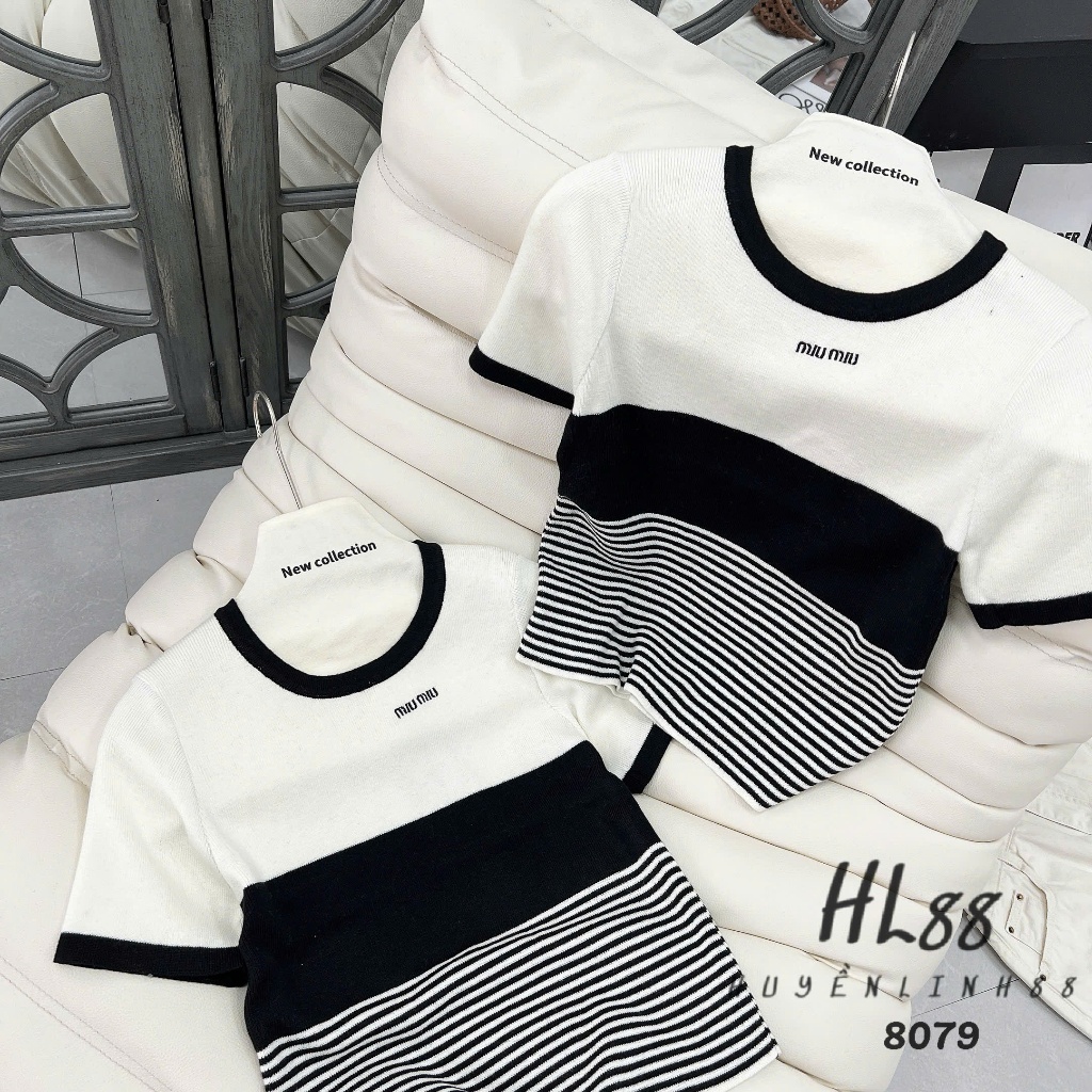 Mongtoghi Miumiu เสื้อสเวตเตอร์แขนสั้นแถบนุ่มสวยงาม 8079