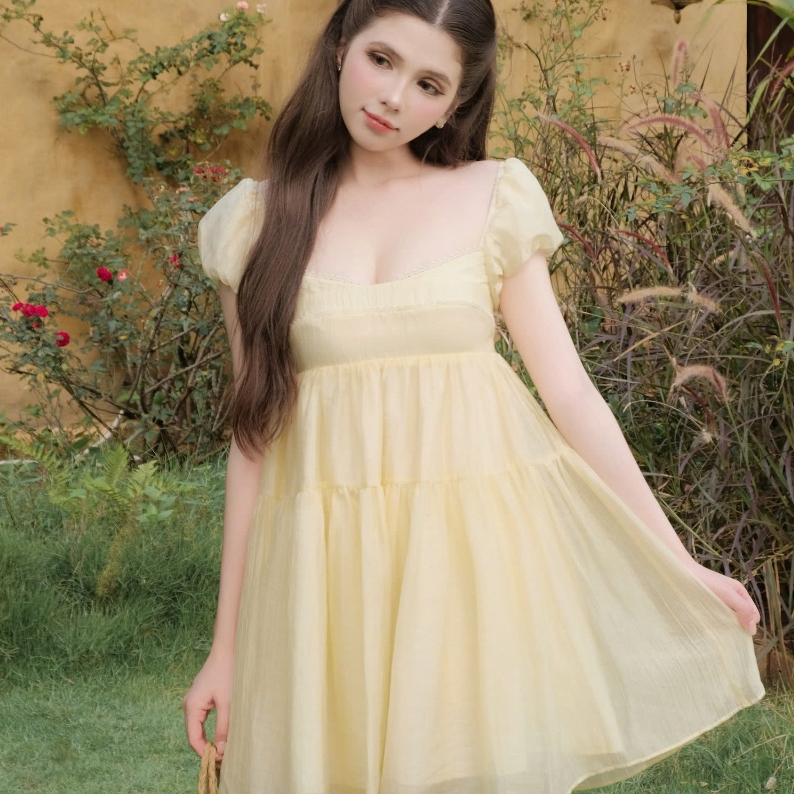 GOUT DE JUN Babydoll ชุดเดรสคอเหลี่ยมแขนพัฟลูกไม้ Trim RIDENS ผู้หญิงชุดเจ้าหญิงสั้น FGDA2604134