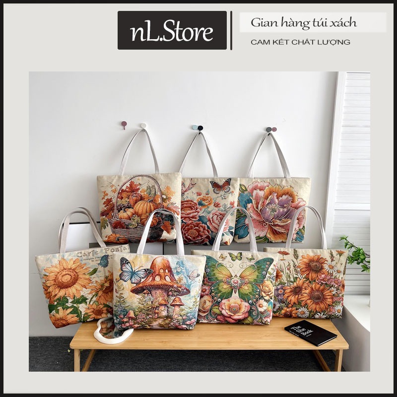 กระเป๋าโท้ตผ้าโบรเคดพิมพ์ลายสองด้านขนาดใหญ่ 39x45 ซม. จุของได้เยอะ มีซิป + ช่องเล็ก T31 nL.Store