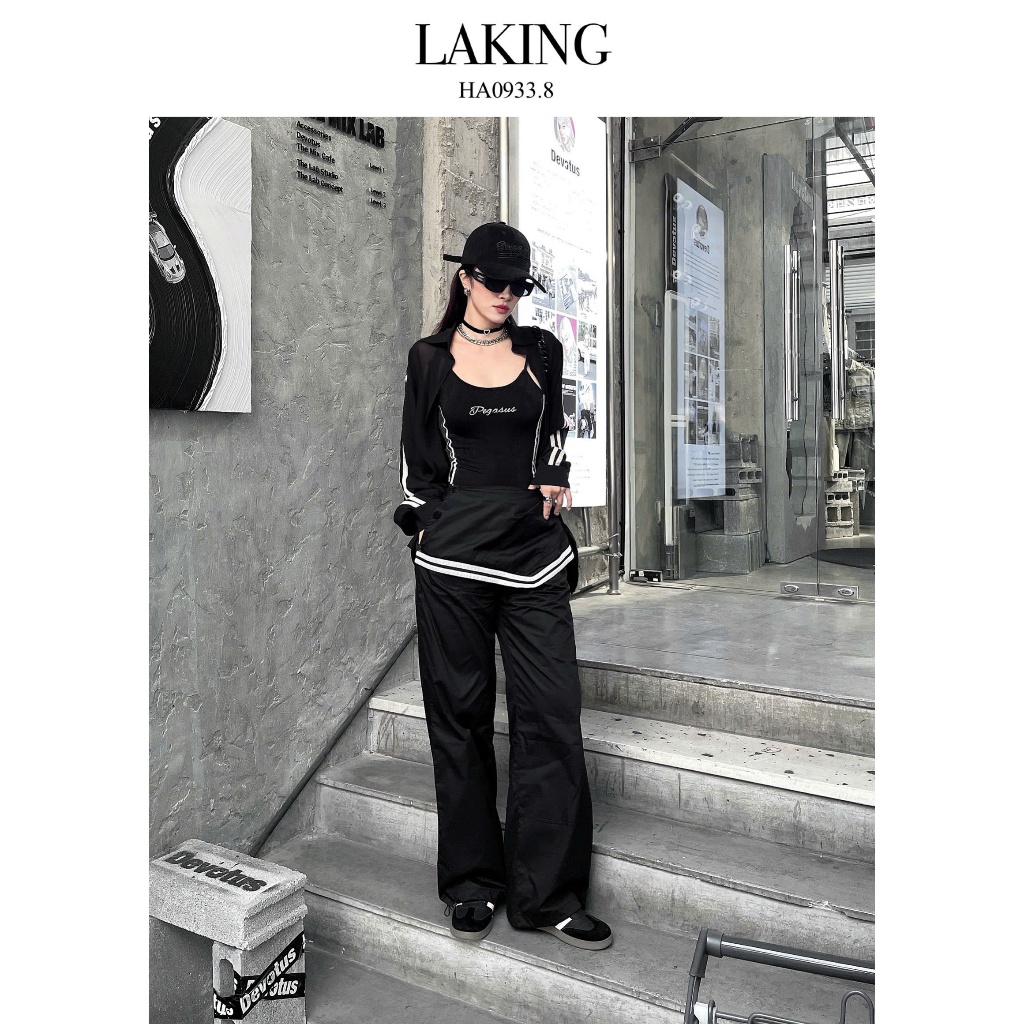 LAKING LONG BLACK PANTS WITH CREAM GREY EDGE (S705Q3)
