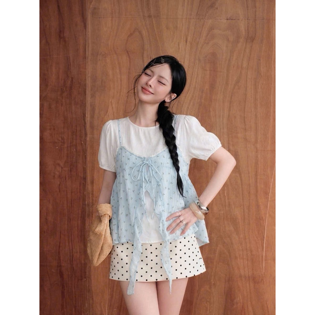 [ SEEU KOREA ] SET OF 2 PIECE SLEEVED SILK SHIRT WITH 2-STRING SHIRT