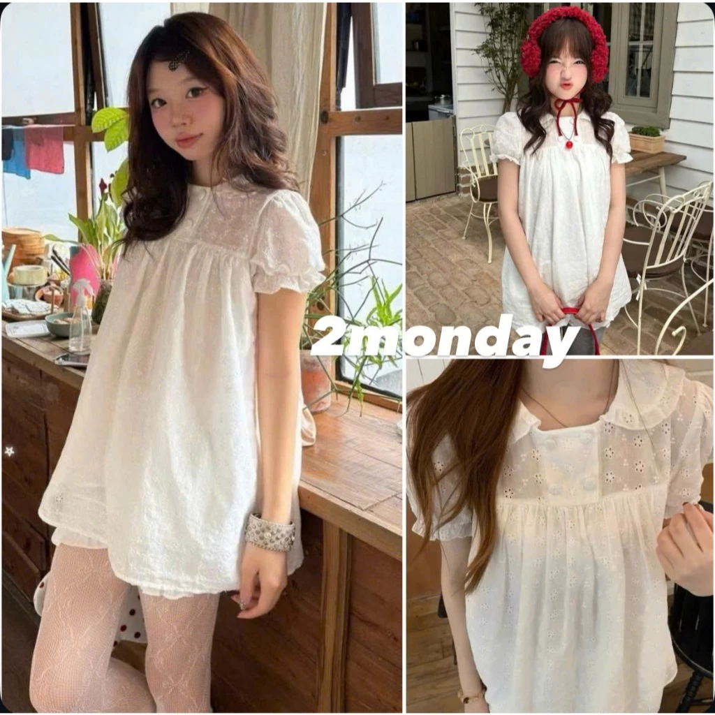 [AVAILABLE/Type 1] BABYDOLL DRESS WITH LOTUS COLLAR Puff Sleeve DAISY MOCHI FLOWER LACE 2MONDAY S65