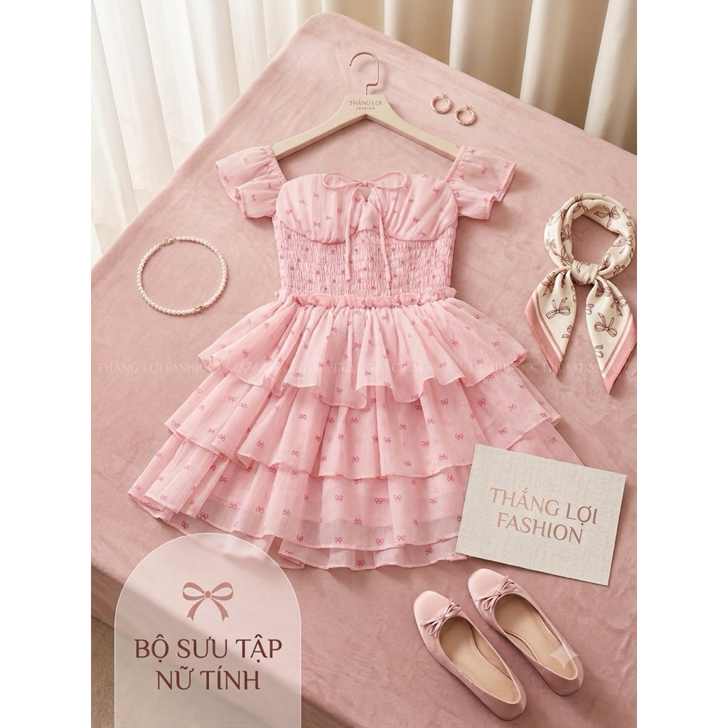 Pretty Feminine Pink Layered Bow Dress THANG LOI FASHION - เดรสคอกลมคอเหลี่ยมหน้าอกใหญ่