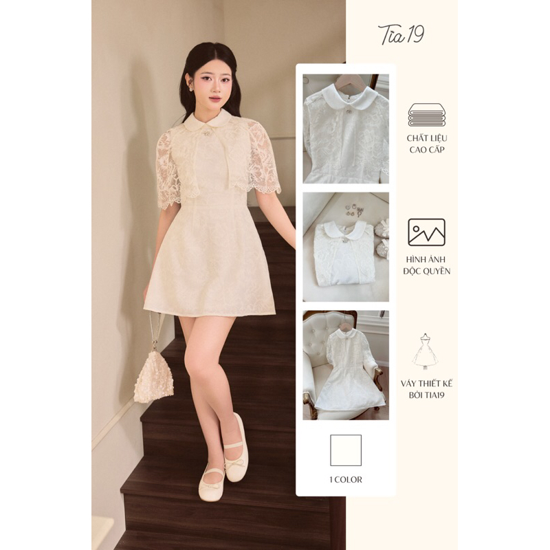 TIA19 Grainne Dress V16 เดรสลายดอกคอปกปาดไหล่ ชุดเดรสคอปกลูกไม้