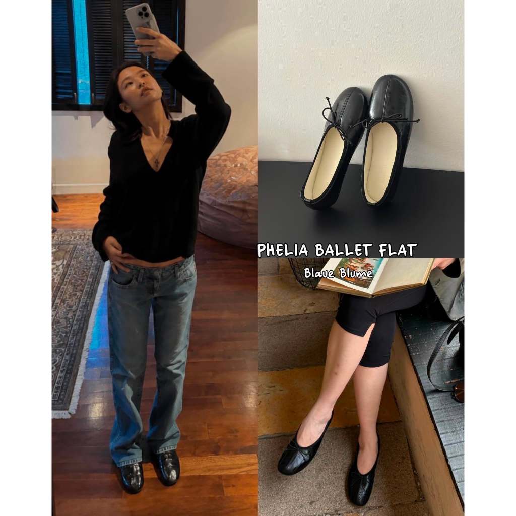 BauueBlume : Phelia Ballet Flat - รองเท้าตุ๊กตาผู้หญิง Round Toe Bow สไตล์เกาหลี