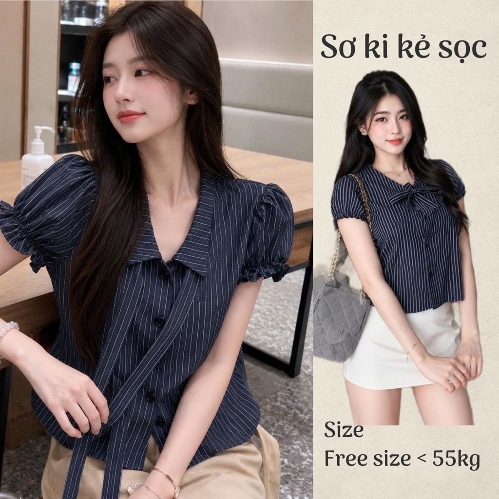 เสื้อคอปกเสื้อกั๊กลายทางแบบใหม่มีสายคาดให้เข้ากับหุ่นของเขา สีฟ้า SMD26
