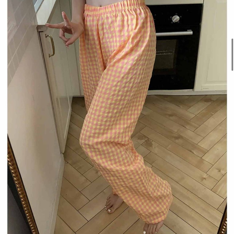 กางเกงบ้านลาย KARO ขาบานสไตล์เกาหลี กางเกง Baggy Ulzzang ผ้าหยาบหลากสี - win99 SSL