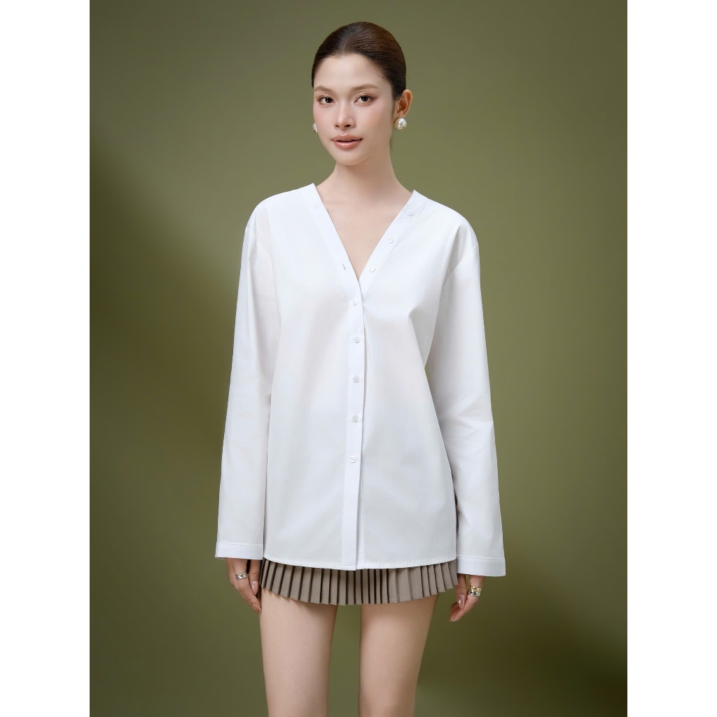 RUBIES Zion Top - เสื้อเบลาส์ผ้าเคทผู้หญิงทรงหลวมแขนยาวคอวี