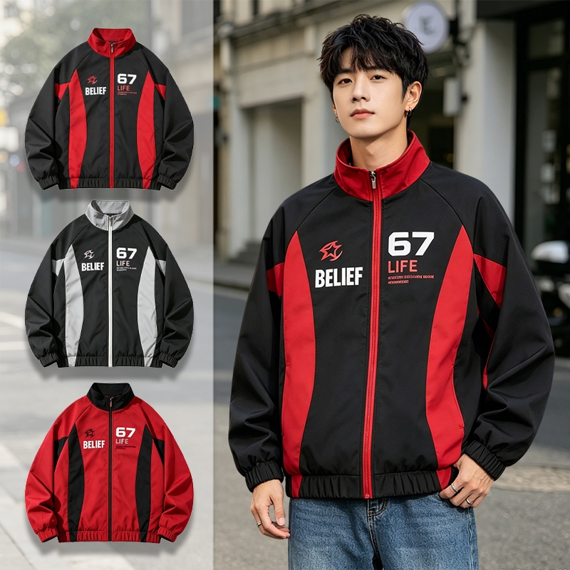 แบรนด์ท้องถิ่นF1 Vintage พิมพ์ผู้ชาย Racing Bomber Jacket สไตล์เกาหลี Unisex High Collar Zipper