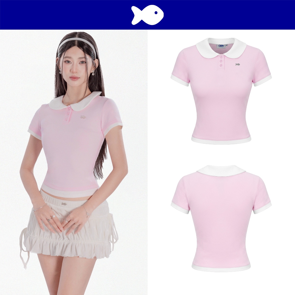 ดีเคเอ็มวี เสื้อคอปกบัวกระดุมยาวผู้หญิงสีชมพูขลิบสีขาวและหรูหราโลโก้ปลาสแตนเลสน้ําหนักเบา เอมิส สูงส
