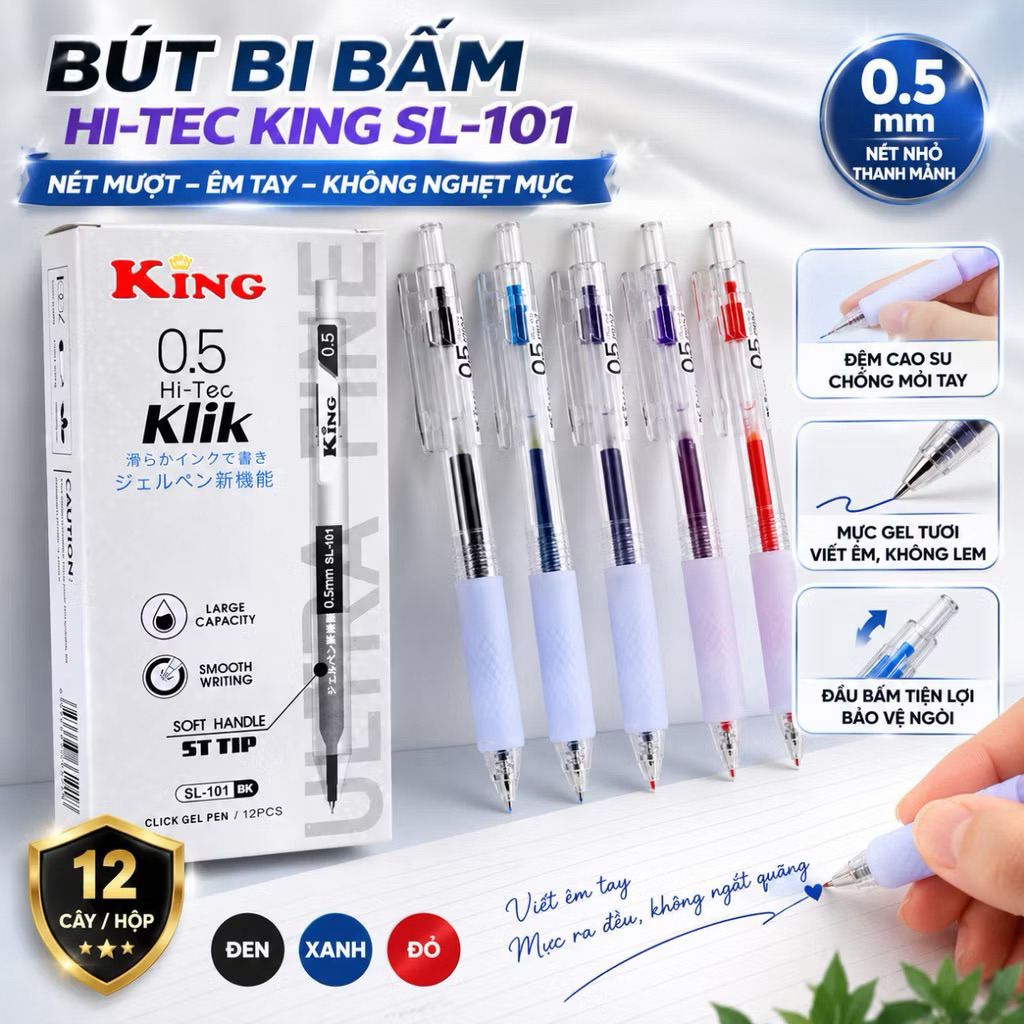 [SL101] BOX of 12 Hi-Tec King SL-101 / SL 101 Press Tip Ballpoint Pens 0.5mm Nib (หมึกน้ําเงิน แดง ด