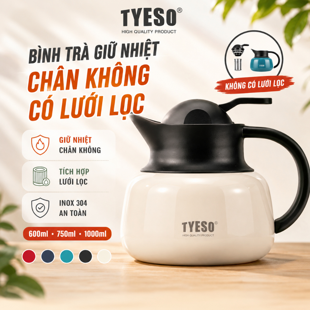 TYESO กาต้มน้ําชา กระติกน้ําร้อน หม้อชา 1000ml พร้อมที่กรองชาแท้ TS-8875 TS-8876 TS-8877