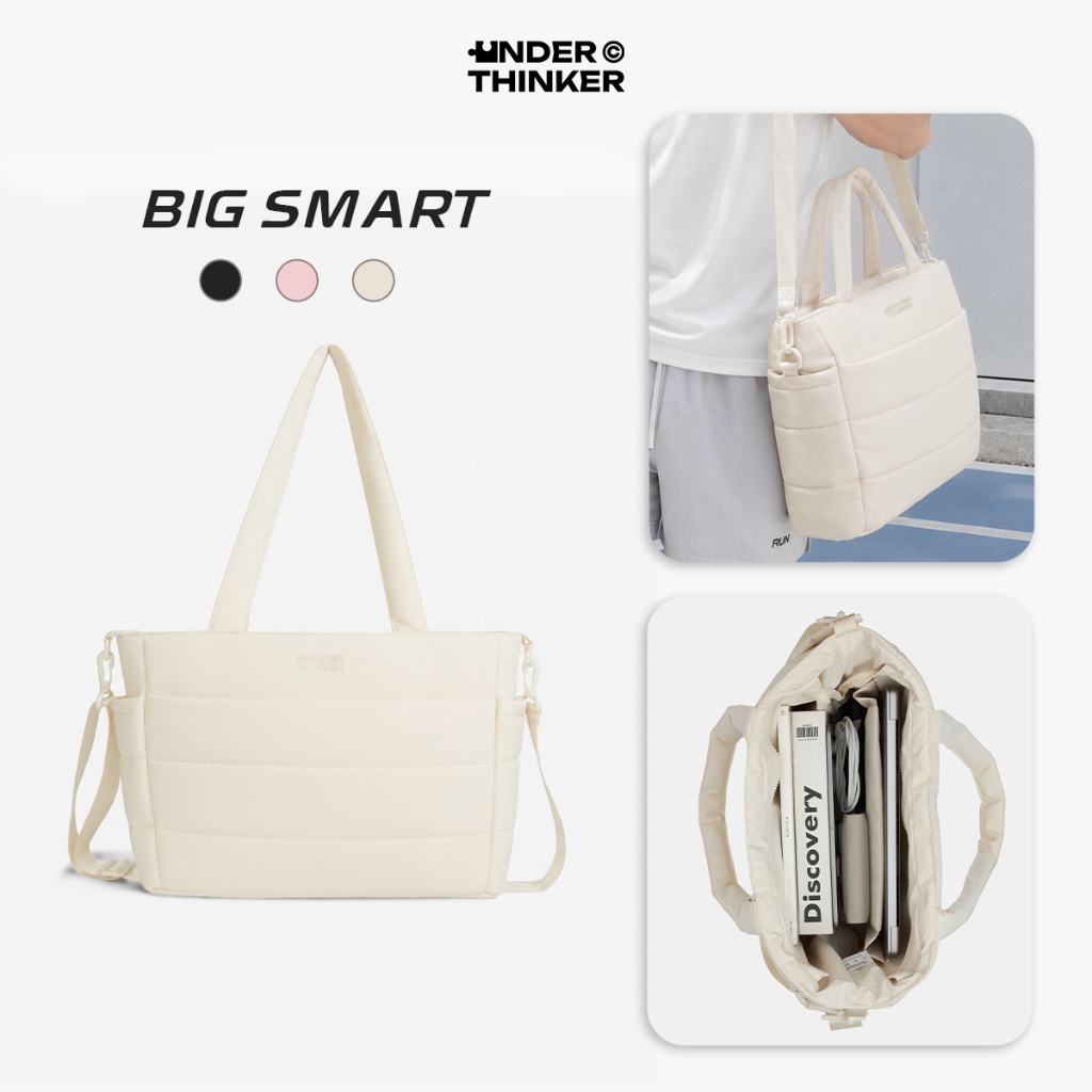 BIG SMART Crossbody Tote Bag Quilted Taslan Fabric for School Office Beach Travel | UNDERTHINKER