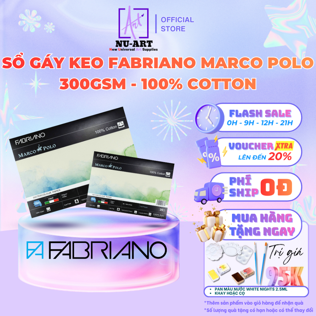 Fabriano Marco Polo Art Drawing Notebook 300gsm ผ้าฝ้าย 100% 20 แผ่นพร้อมกระดูกสันหลังกาว - กระดาษสี