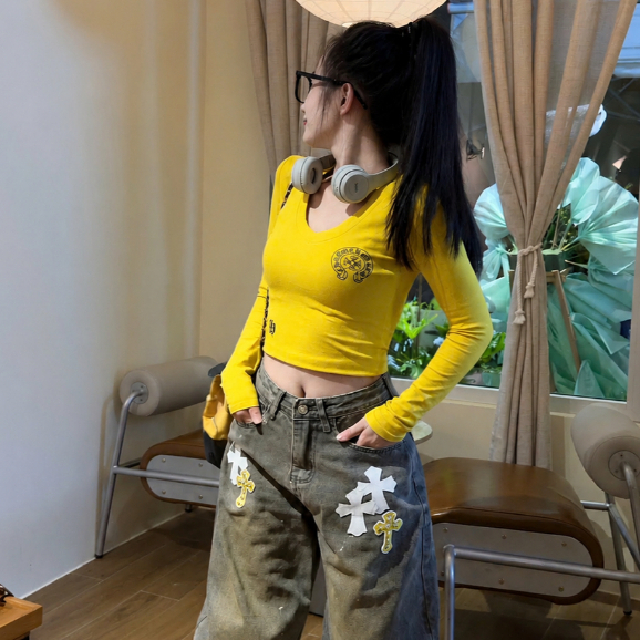 Y2K เสื้อยืดโครเชต์ผู้หญิงคอเต่า Slim Form Bodyfit Embellishes บุคลิกภาพ ADT122