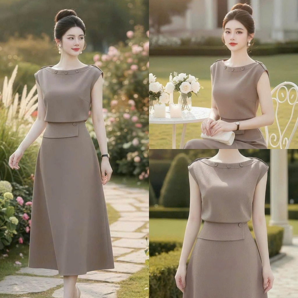 A30 ชุดเดรสดีไซน์คอเรือยาว 2 ชั้นคุณภาพสูง - ซับในผ้าไหมหนา ไซส์ L-XL