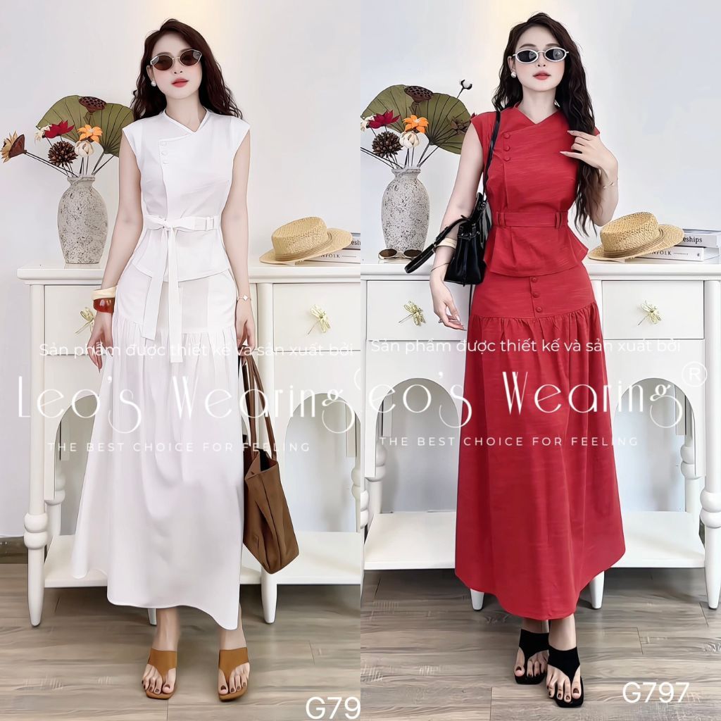 LEOSWEARING ชุดกระโปรงผ้าลินิน Peplum คอปกไขว้ปุ่มเสื้อเอวพร้อมกระโปรงยาว G794 G797