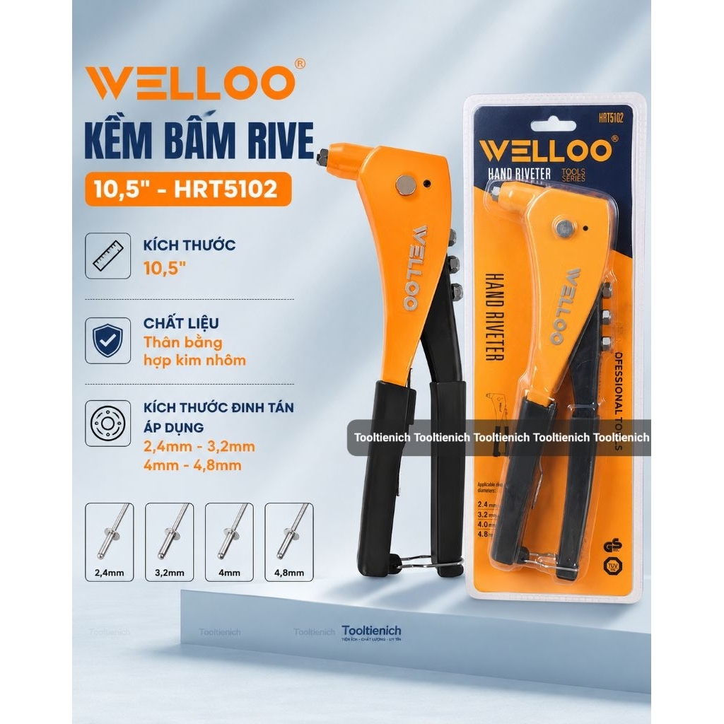 (P17) Rive WELLOO HRT5102 คีมกด 10.5 นิ้วอลูมิเนียมอัลลอยด์โดยใช้ Rivets 2.4/3.2 มม. 4 มม. 4.8 มม.
