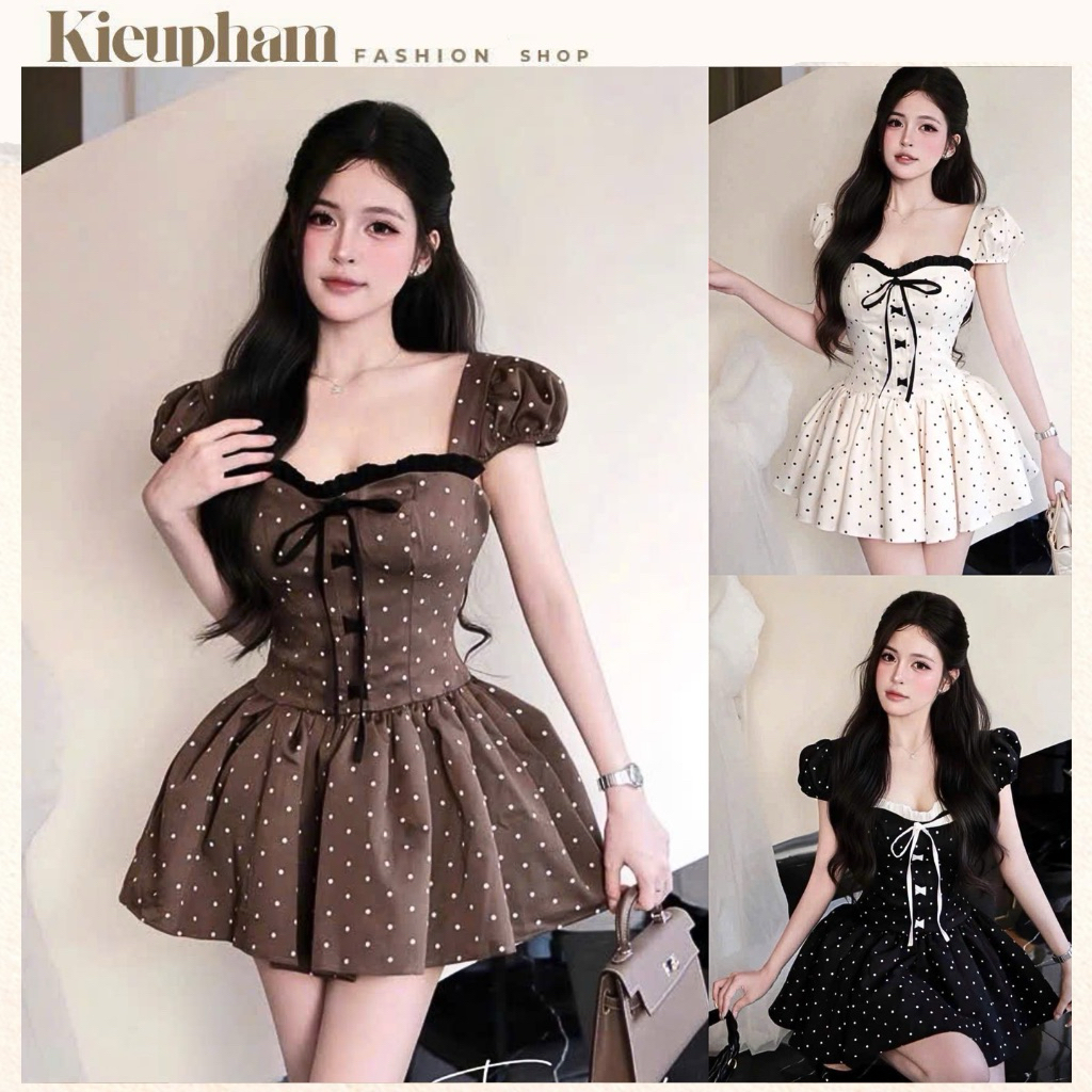 เดรสสั้นโบว์ลายจุดสไตล์เกาหลีน่ารัก Kieupham.shop