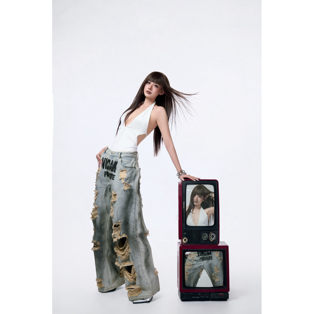 VINDAK Local Brand Ripped Denim Baggy Jeans - PRIVATE