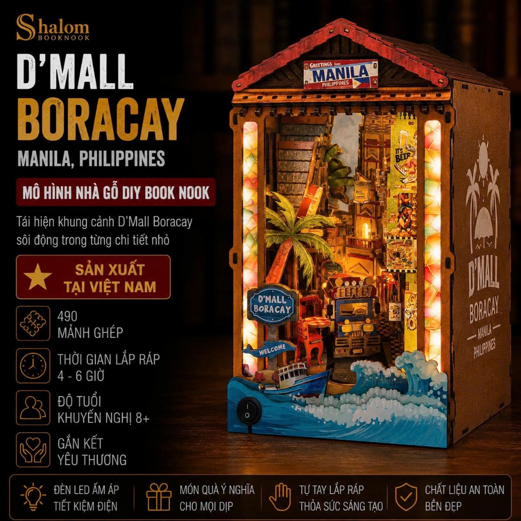 DIY หนังสือโมเดลไม้ Nook Halom DMall Boracay Manila Philippines พร้อมไฟ LED ตกแต่งชั้นวางหนังสือของข