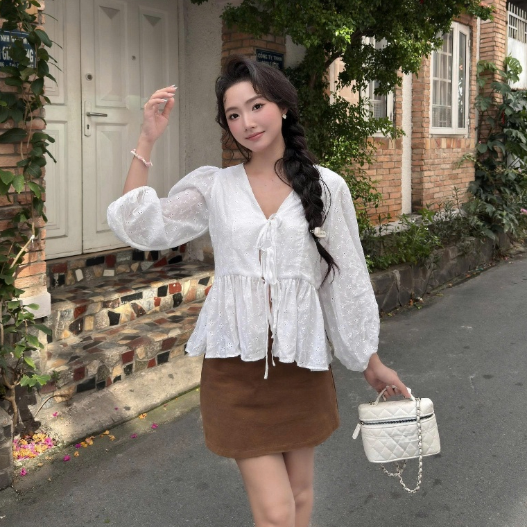 GOUT DE JUN Babydoll แขนยาวพัฟแขน Bow Tie หน้าอก WERSO ปักลูกไม้เสื้อผู้หญิง V คอ Flared FGBA2603155