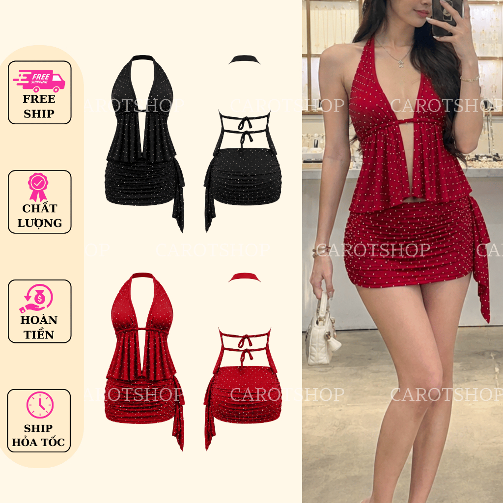 [FIRE] ชุดสายเดี่ยวเว้าหลัง + กระโปรงเกาะอกแบบฝังผ้า Rhinestone K6722_CAROTSHOP