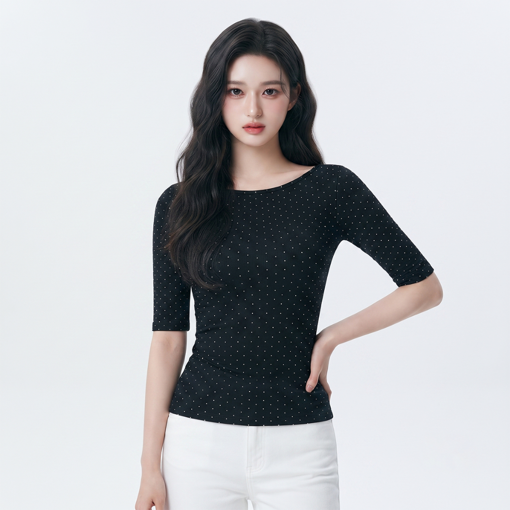 DaaLaa Store Y2K สไตล์ครึ่งแขน Slim Polka Dot เสื้อยืด A51601
