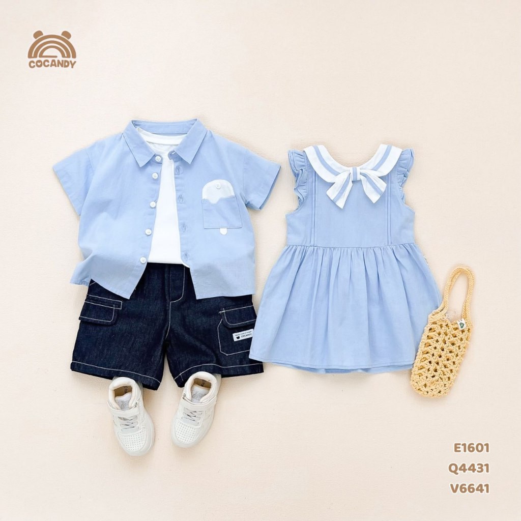 COCANDY Boys Set - เสื้อเชิ้ตสีครีมสีน้ําเงิน กางเกงยีนส์ขาสั้นสีน้ําเงิน 6M-8Y A7951 E1601 Q4801