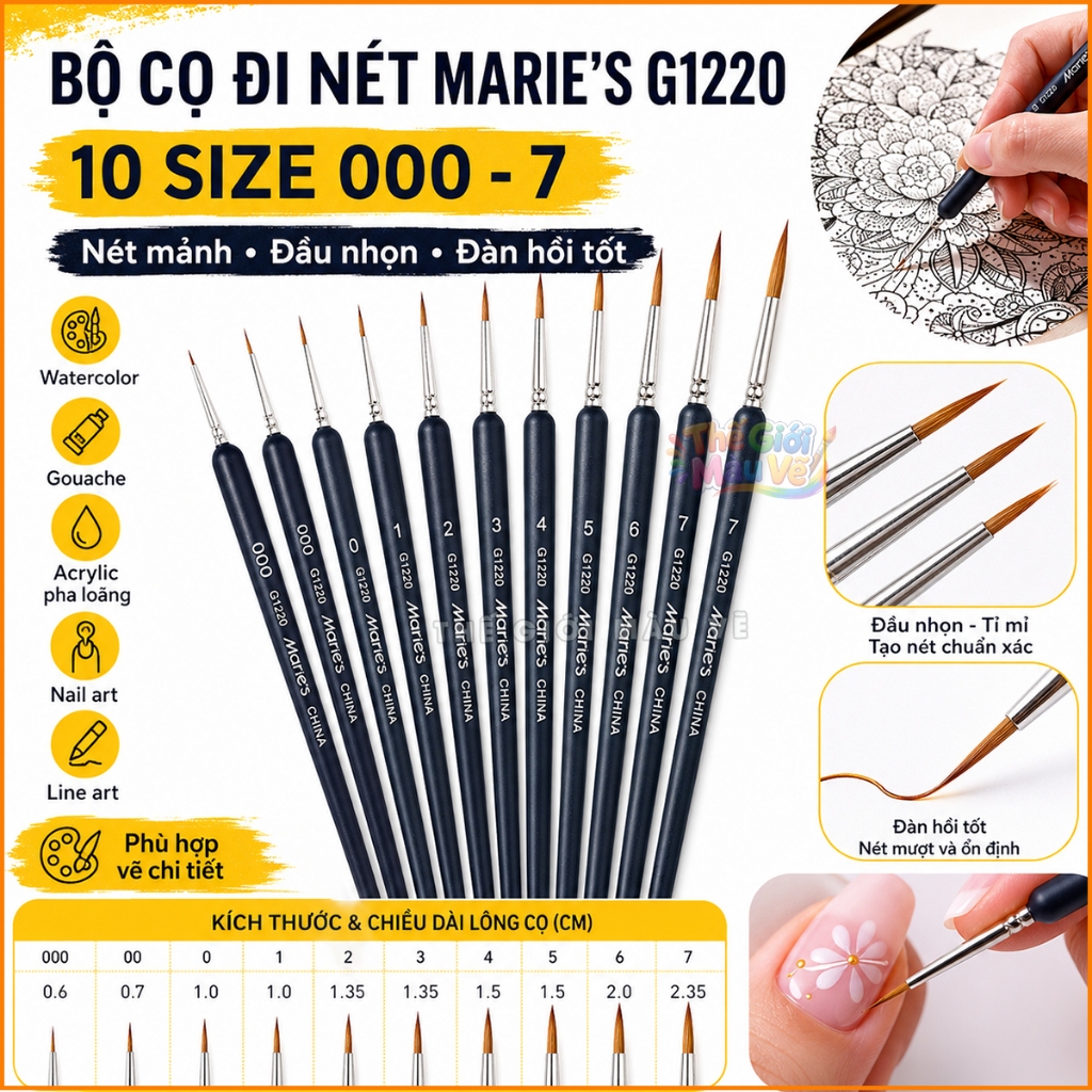 Martol MARIES G1220 Detailing Brush – Small Line Nail Art Brush, Acrylic, สีน้ํา, Super Thin Pointed