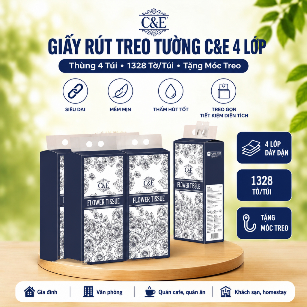 กระดาษแขวนผนัง ค&จ 4 ชั้น สุด ๆ ยาก กล่อง 4 ถุงแต่ละใบ 1328 แผ่นฟรีที่แขวน
