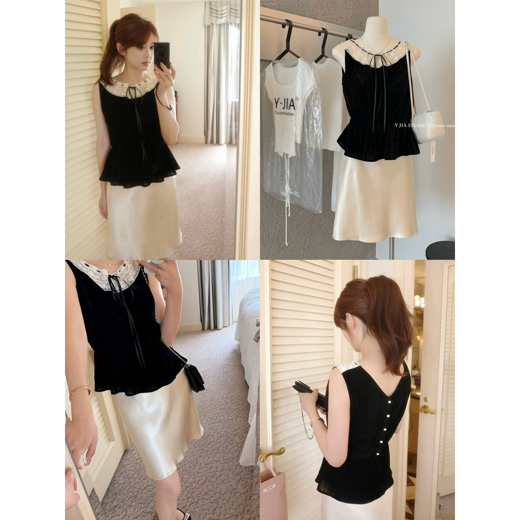 Y.JIA เสื้อกล้ามกํามะหยี่ลูกไม้ฝรั่งเศสและชุดกระโปรงผ้าไหมซาตินเรียบหรูเรียบง่าย