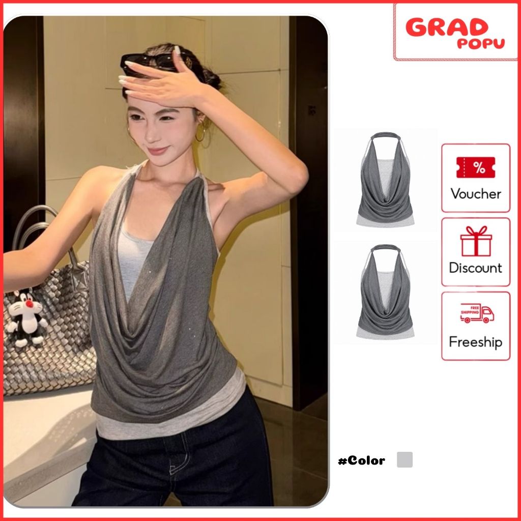 GRADPOPU เสื้อชั้นในสตรีคอปกและยางยืดยางยืด 2 ชั้น ทรงเข้ารูป สไตล์เกาหลี Y2K PB116
