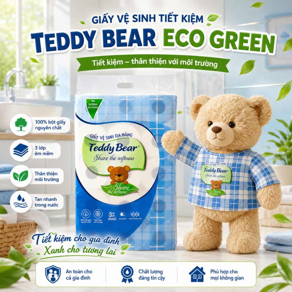TEDDY BEAR ECO GREEN กระดาษชําระประหยัดลายนูนที่ละเอียดอ่อน นุ่ม และละลายน้ํา